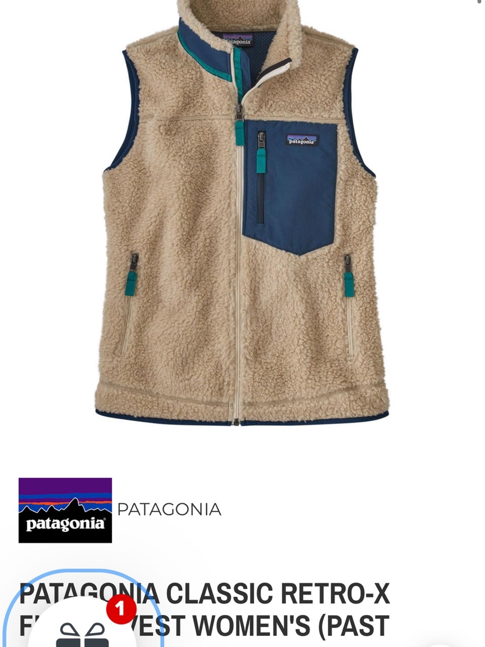 Patagonia Sherpa Fleece Vest in Cream and Navy with Teal Trim